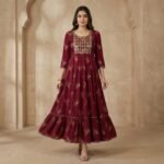 Maroon Viscose Rayon Anarkali Kurti with Gold Embroidery & Flared Hem