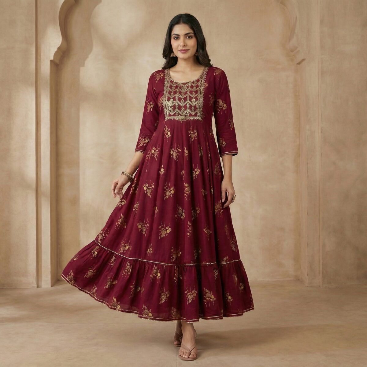 Maroon Viscose Rayon Anarkali Kurti with Gold Embroidery & Flared Hem - Image 3