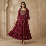 Maroon Viscose Rayon Anarkali Kurti with Gold Embroidery & Flared Hem - Image 3
