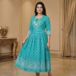 Teal Rayon Anarkali Kurti with Printed Border & Tassel Neckline