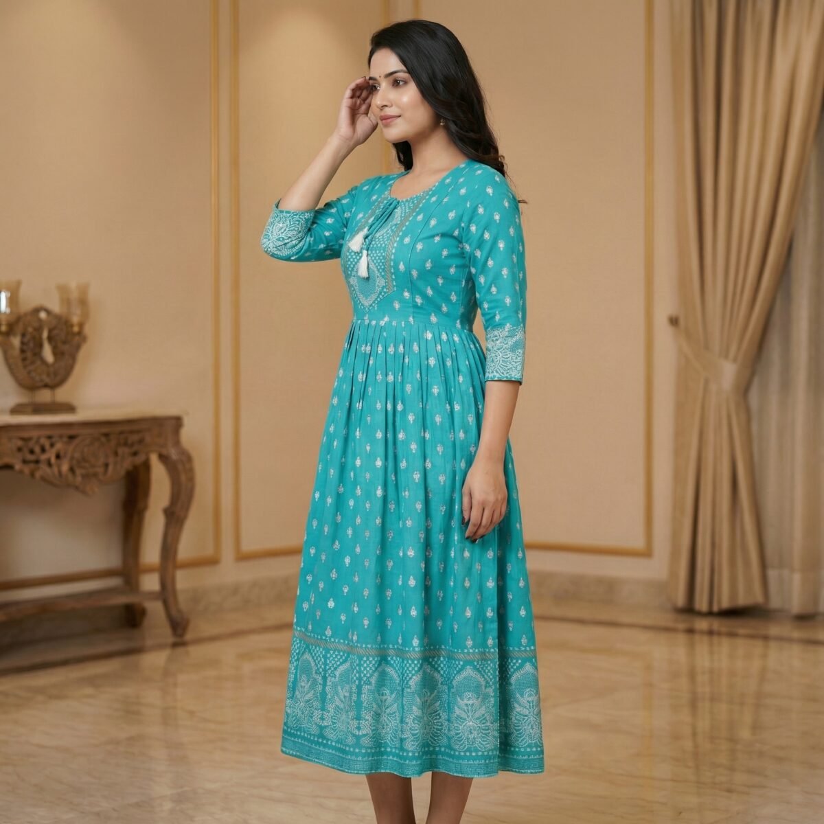 Teal Rayon Anarkali Kurti with Printed Border & Tassel Neckline - Image 2