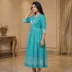 Teal Rayon Anarkali Kurti with Printed Border & Tassel Neckline - Image 2