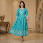 Teal Rayon Anarkali Kurti with Printed Border & Tassel Neckline - Image 4
