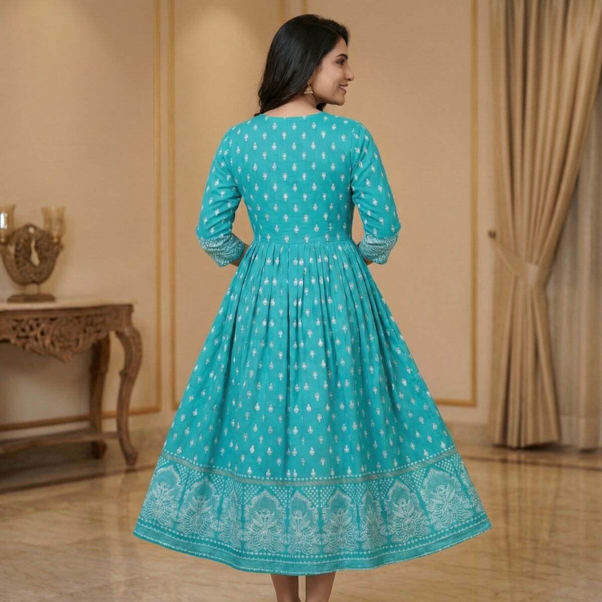 Teal Rayon Anarkali Kurti with Printed Border & Tassel Neckline - Image 3