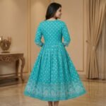 Teal Rayon Anarkali Kurti with Printed Border & Tassel Neckline - Image 3