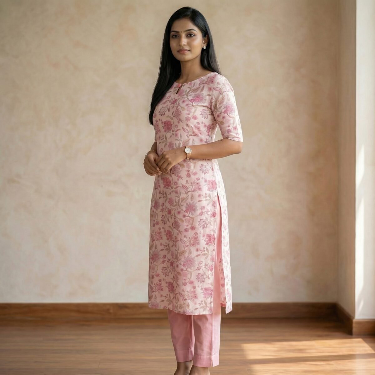 Pink Floral Cotton Kurti - Image 2