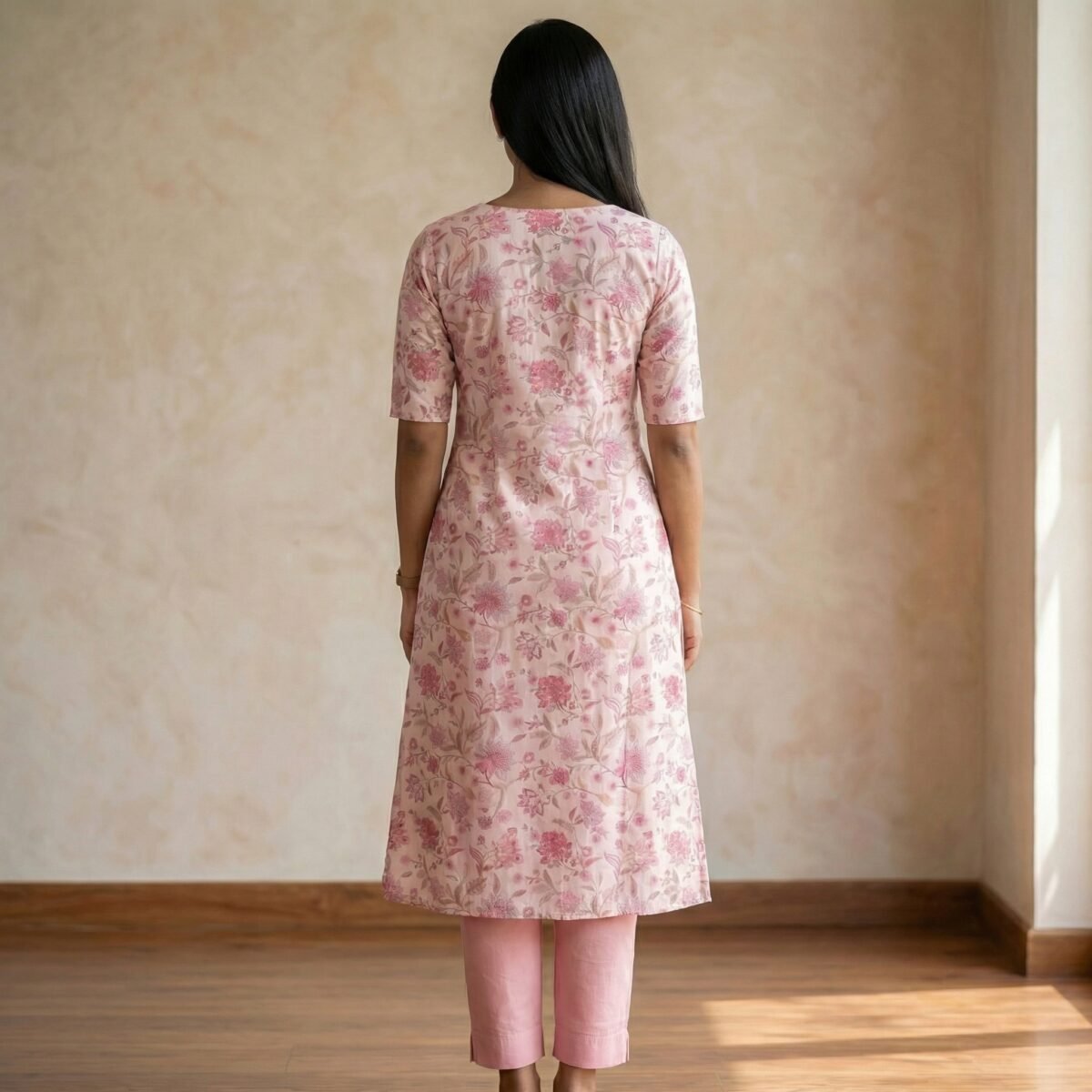 Pink Floral Cotton Kurti - Image 4