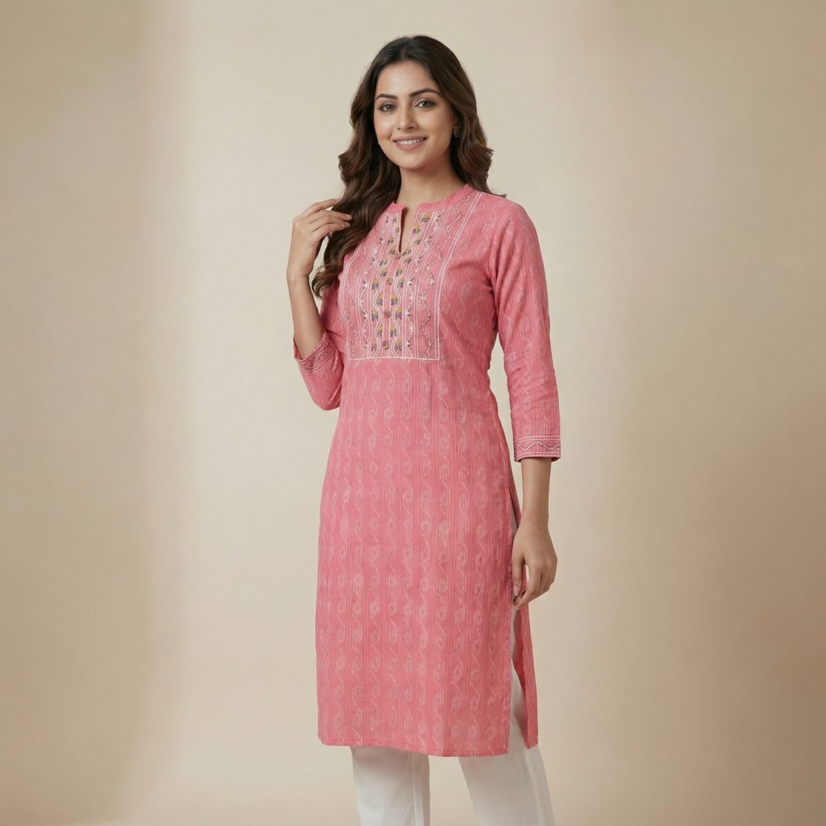 Pink Cotton Embroidered Kurti – Straight Fit Ethnic Wear - Image 2