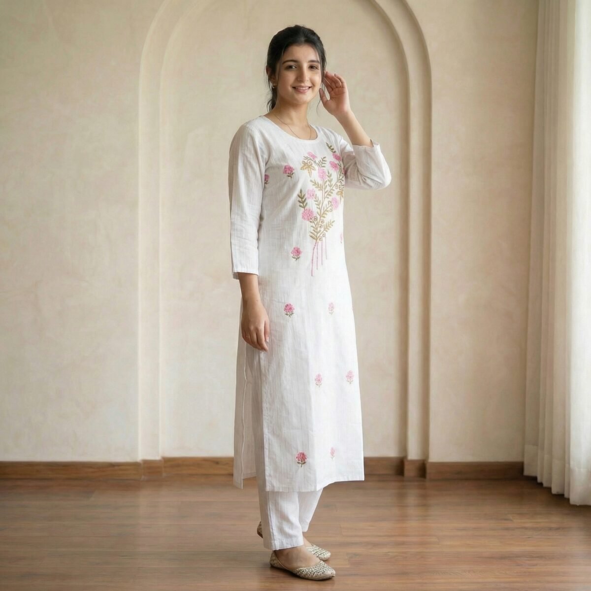 White Cotton Floral Embroidered Kurti – Elegant Straight Fit Ethnic Wear - Image 2