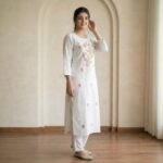 White Cotton Floral Embroidered Kurti – Elegant Straight Fit Ethnic Wear - Image 2