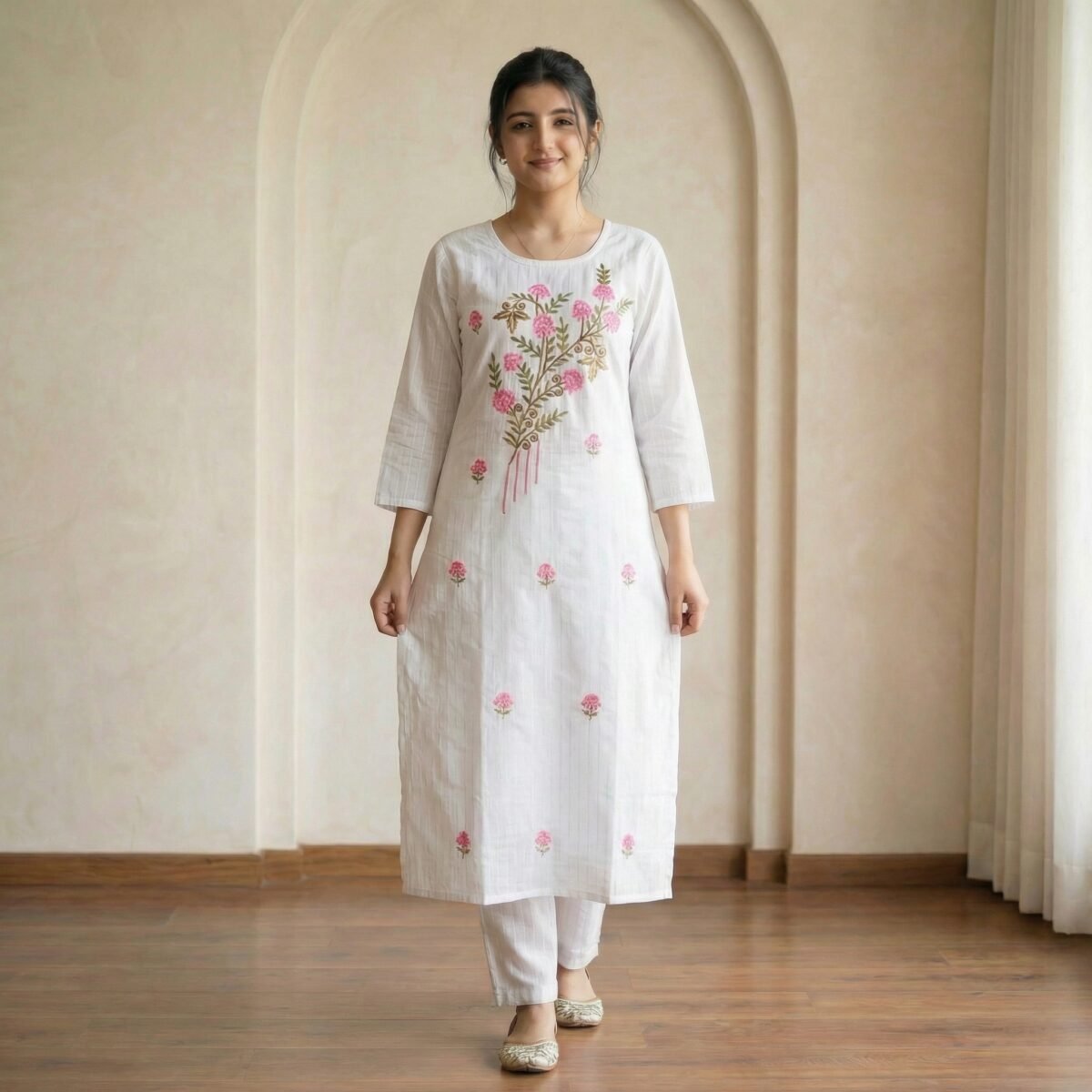 White Cotton Floral Embroidered Kurti – Elegant Straight Fit Ethnic Wear - Image 4