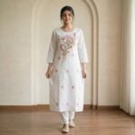 White Cotton Floral Embroidered Kurti – Elegant Straight Fit Ethnic Wear - Image 4