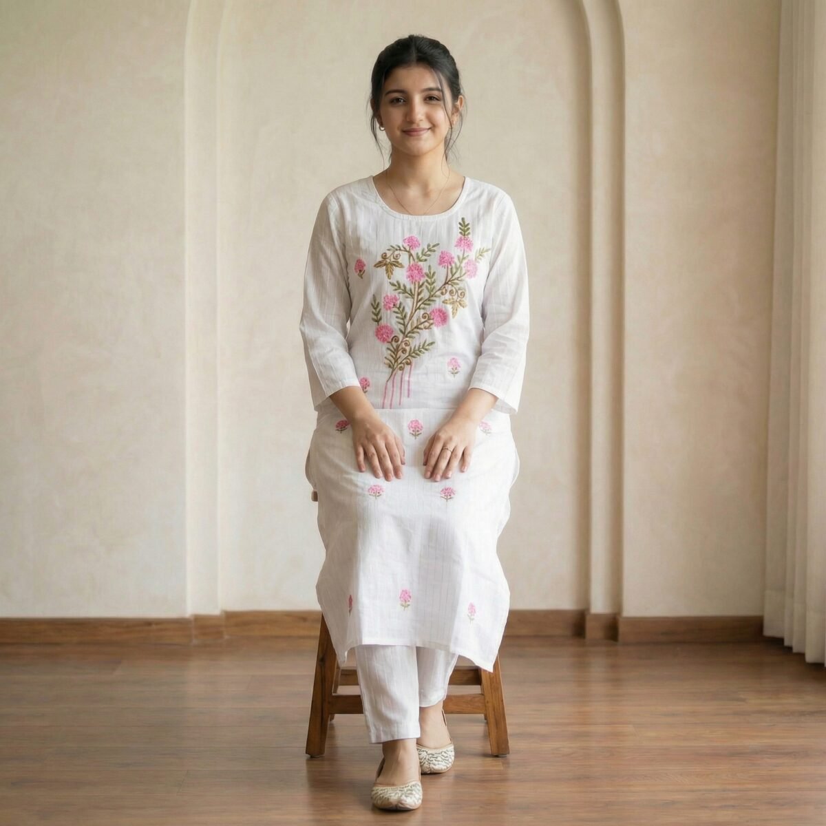 White Cotton Floral Embroidered Kurti – Elegant Straight Fit Ethnic Wear - Image 3