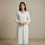 White Cotton Embroidered Anarkali Kurti with Lace Hem