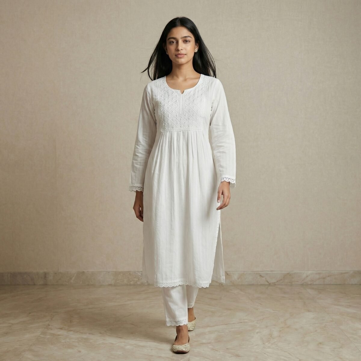 White Cotton Embroidered Anarkali Kurti with Lace Hem - Image 4