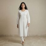 White Cotton Embroidered Anarkali Kurti with Lace Hem - Image 4