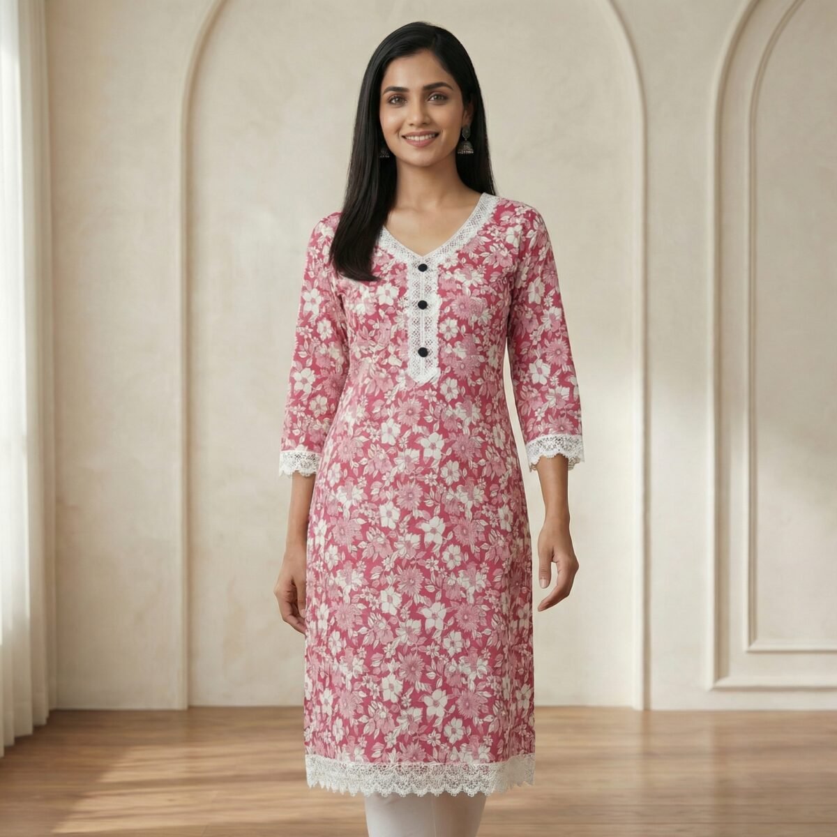 Pink Floral Cotton Kurti with Lace Detail – Elegant Casual Ethnic Wear - Image 4