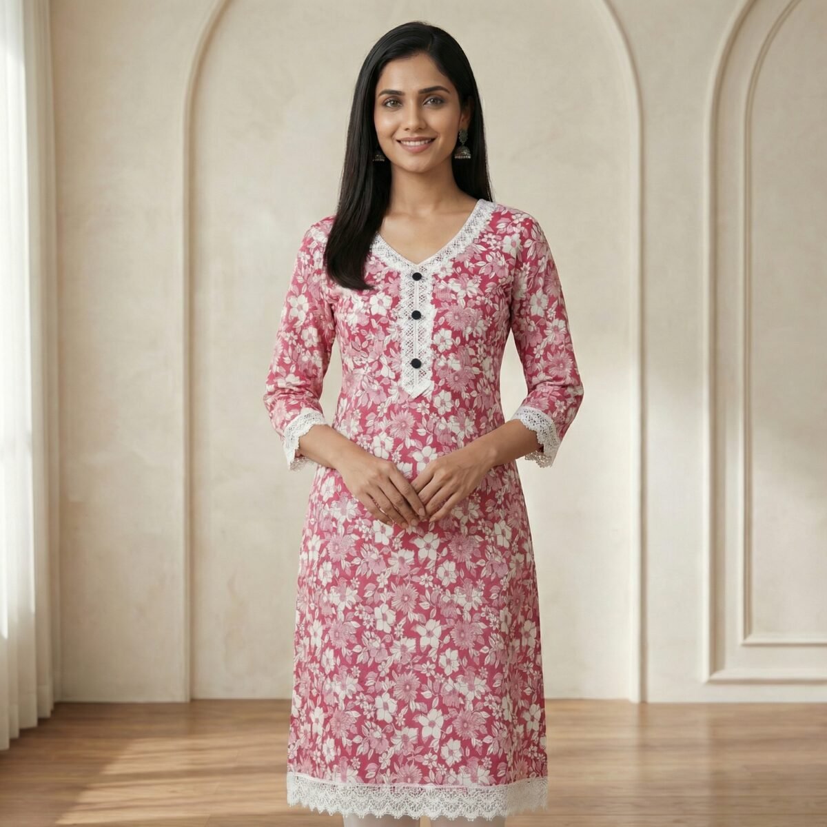 Pink Floral Cotton Kurti with Lace Detail – Elegant Casual Ethnic Wear - Image 2