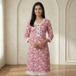 Pink Floral Cotton Kurti with Lace Detail – Elegant Casual Ethnic Wear - Image 2