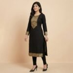 Black Straight Kurti with Gold Embroidery Panel – Elegant Ethnic Wear - Image 2