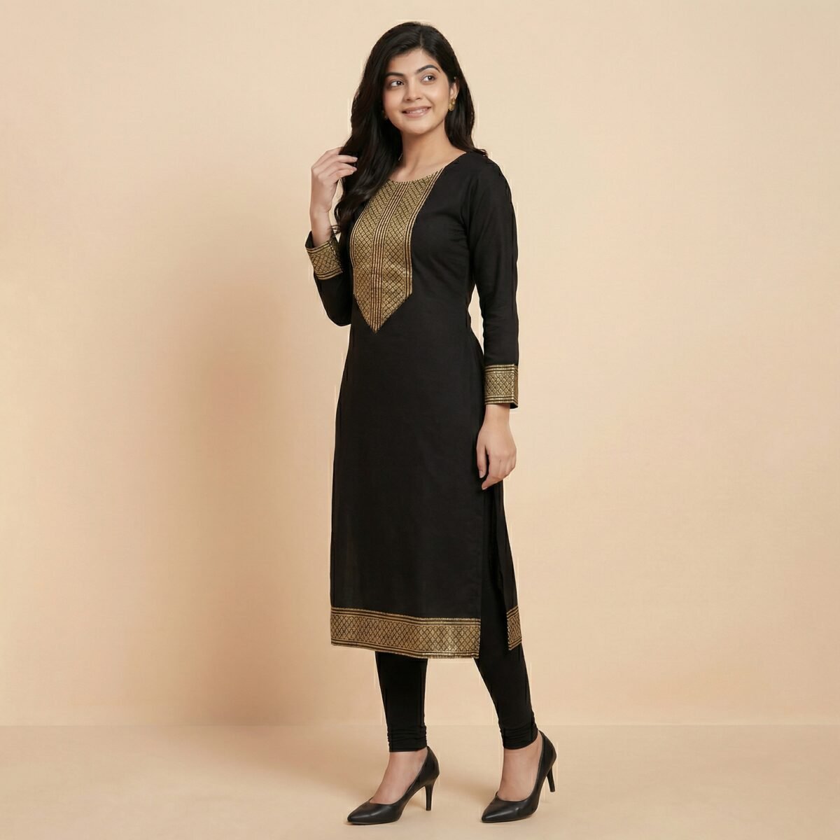 Black Straight Kurti with Gold Embroidery Panel – Elegant Ethnic Wear - Image 4
