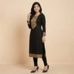 Black Straight Kurti with Gold Embroidery Panel – Elegant Ethnic Wear - Image 4