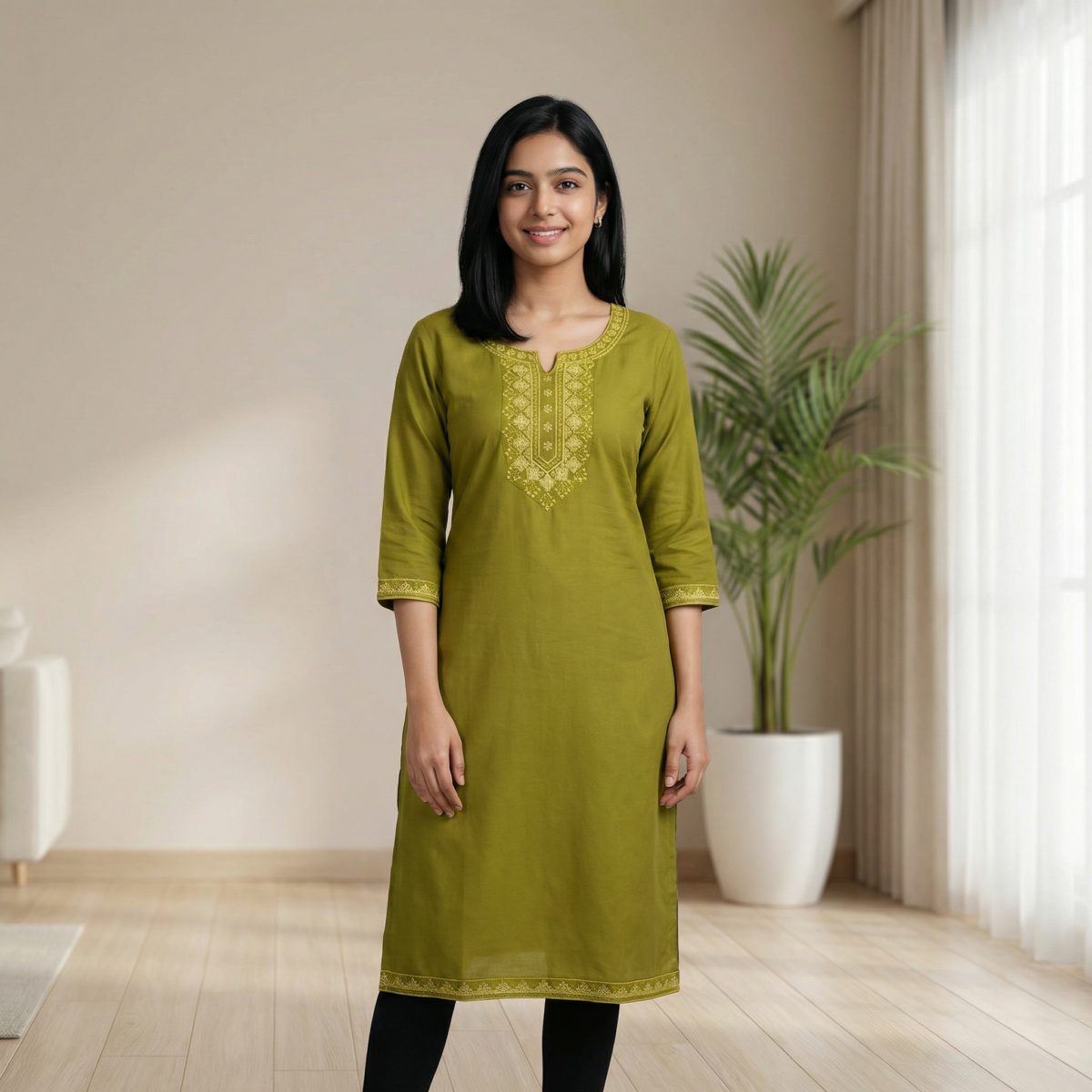 Olive Green Embroidered Straight Kurti – Cotton, Calf Length - Image 4