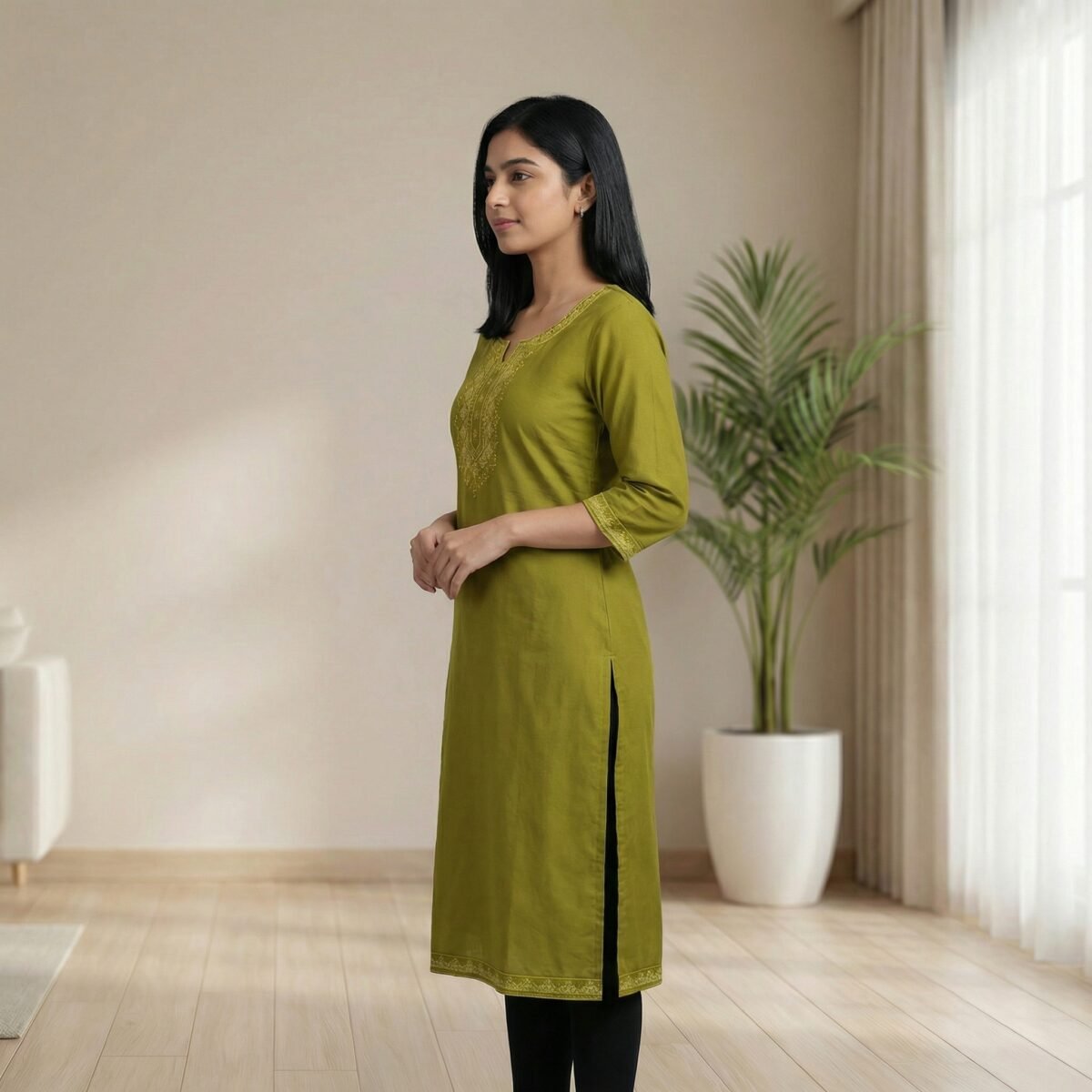 Olive Green Embroidered Straight Kurti – Cotton, Calf Length - Image 2
