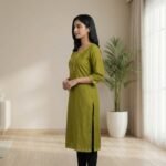Olive Green Embroidered Straight Kurti – Cotton, Calf Length - Image 2