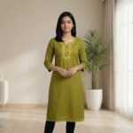 Olive Green Embroidered Straight Kurti – Cotton, Calf Length