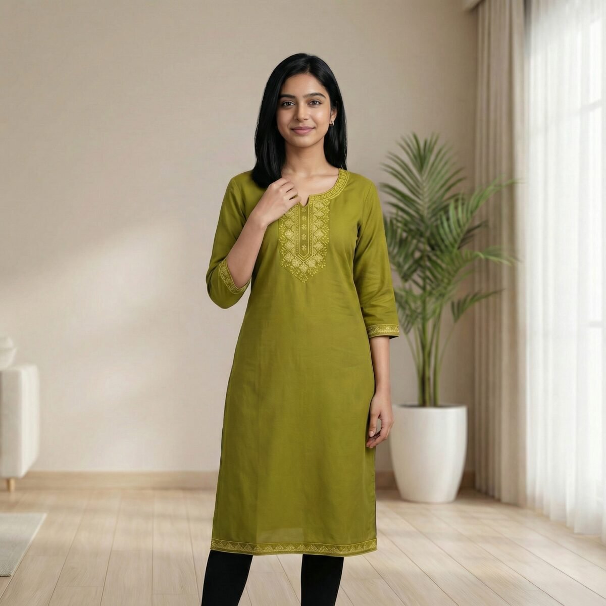 Olive Green Embroidered Straight Kurti – Cotton, Calf Length - Image 3