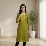 Olive Green Embroidered Straight Kurti – Cotton, Calf Length - Image 3
