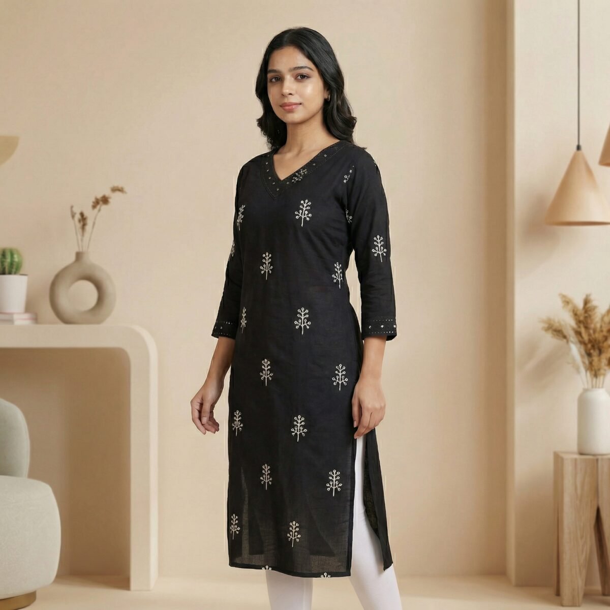 Black Rayon Kurti with White Floral Print – V Neck - Image 2