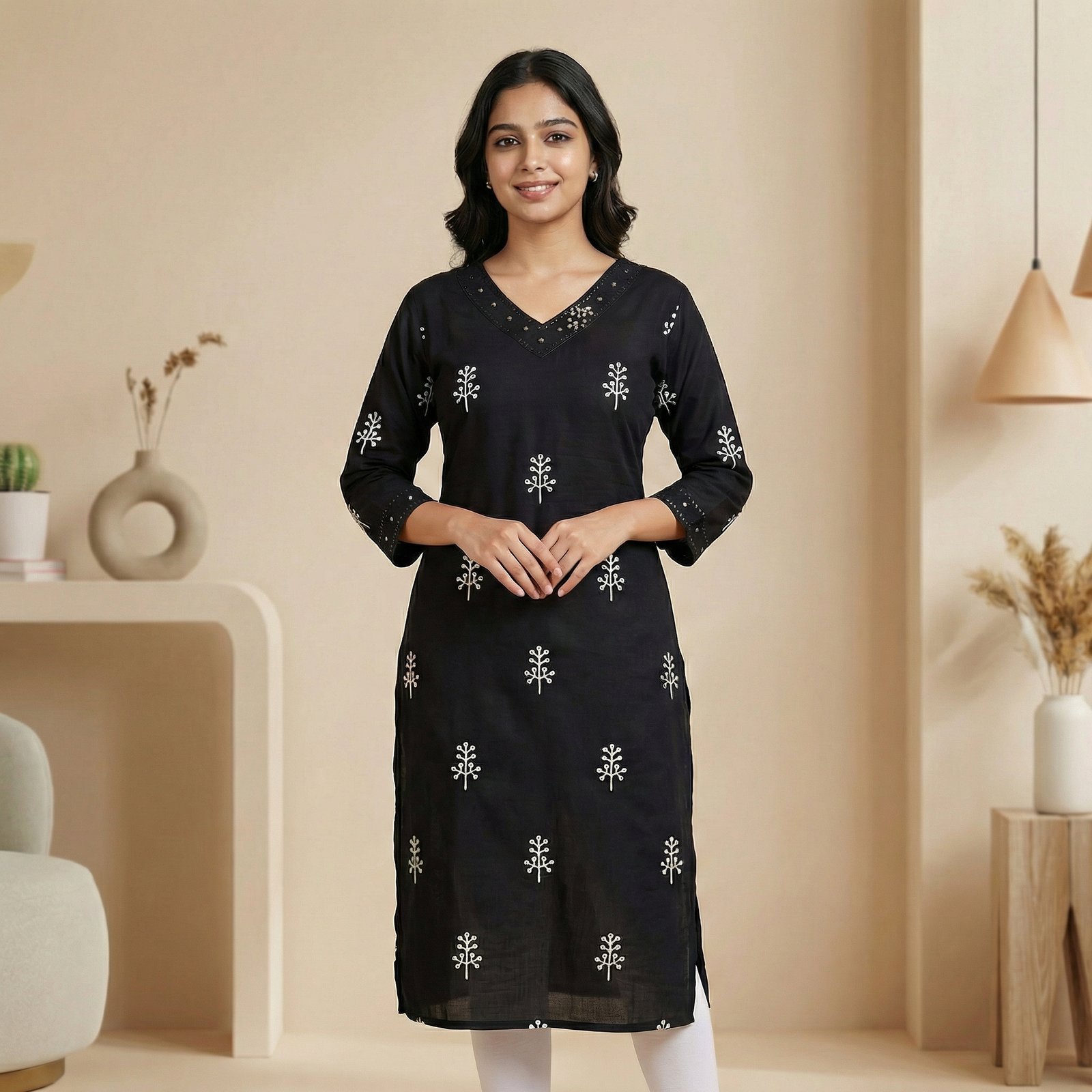 hf_20260226_175506_b1f99484-c07c-4c4b-9515-4f1b246fc303 Black Rayon Kurti with White Floral Print – V Neck - Image 1