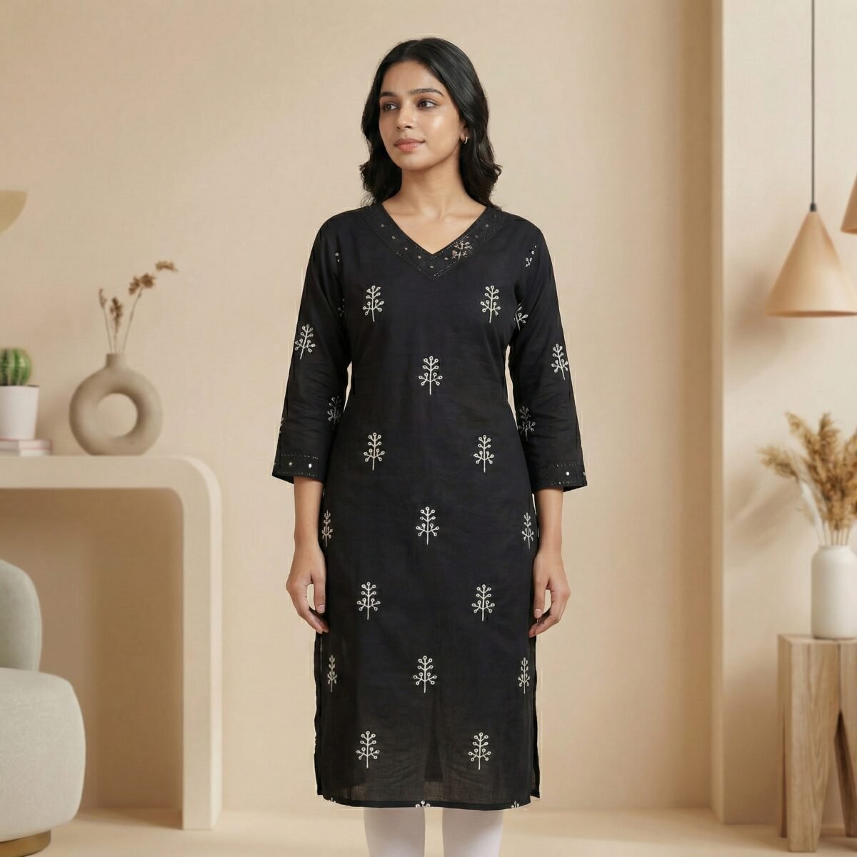 Black Rayon Kurti with White Floral Print – V Neck - Image 4