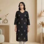 Black Rayon Kurti with White Floral Print – V Neck - Image 4