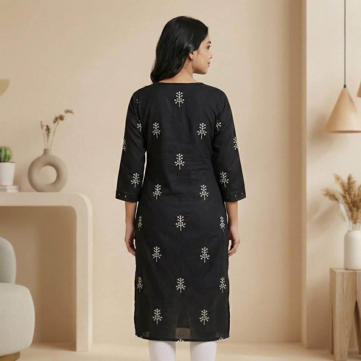 Black Rayon Kurti with White Floral Print – V Neck - Image 3