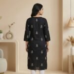 Black Rayon Kurti with White Floral Print – V Neck - Image 3