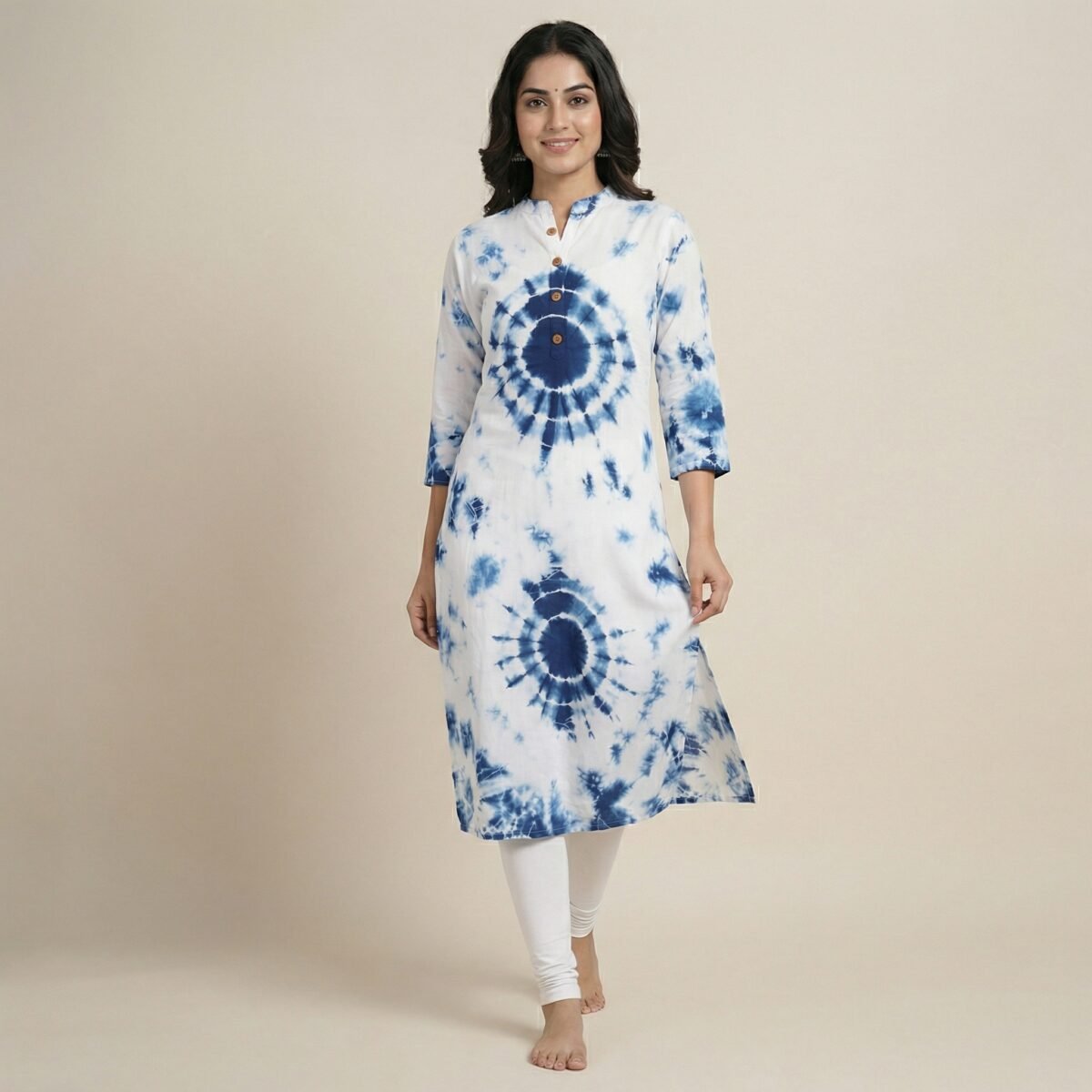 Blue & White Tie-Dye Rayon Kurti – Straight Fit Ethnic Wear - Image 3