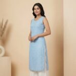 Light Blue Printed Rayon Kurti – Sleeveless Straight Fit Ethnic Wear - Image 2
