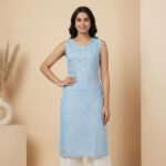 Light Blue Printed Rayon Kurti – Sleeveless Straight Fit Ethnic Wear