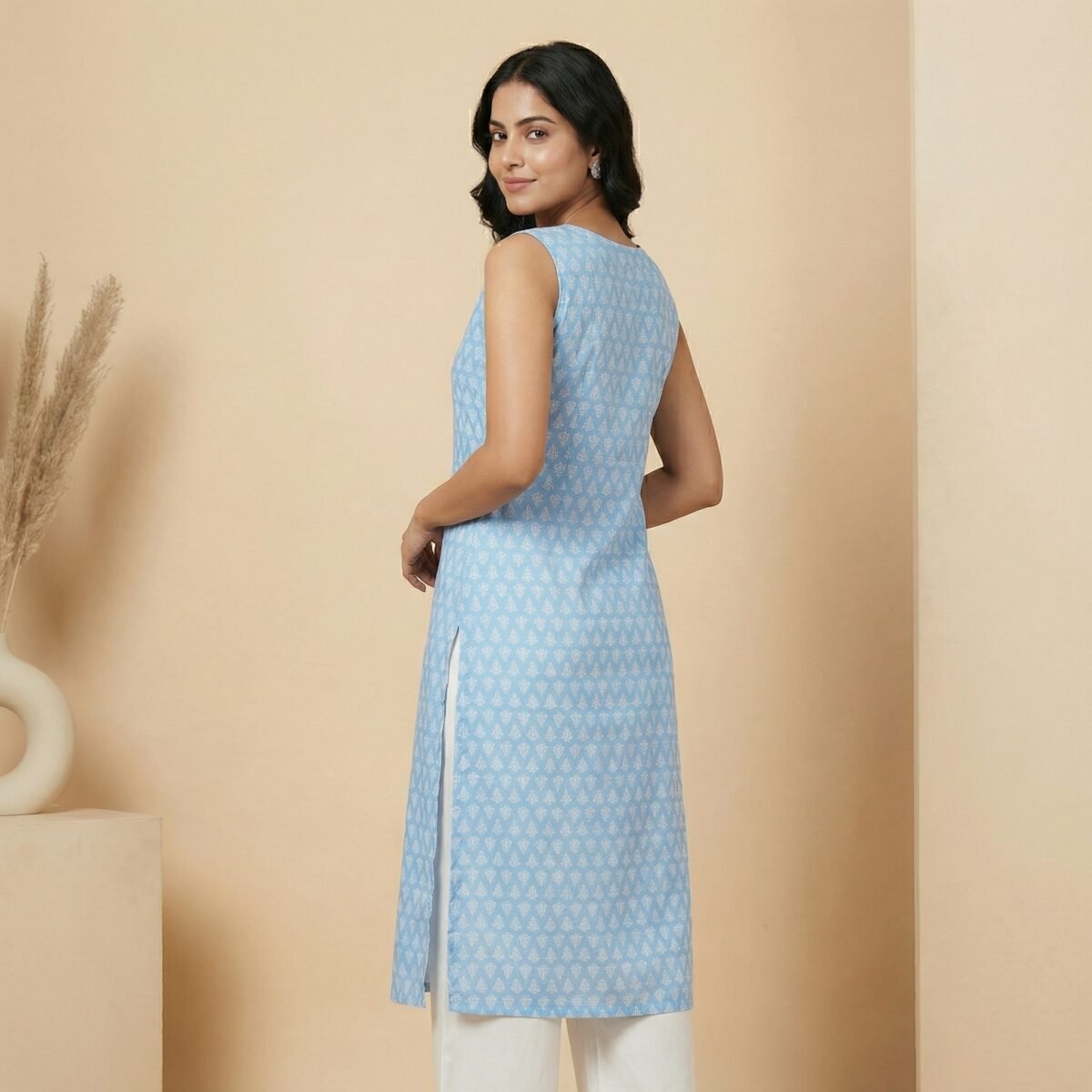 Light Blue Printed Rayon Kurti – Sleeveless Straight Fit Ethnic Wear - Image 4