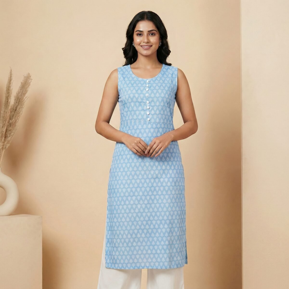 Light Blue Printed Rayon Kurti – Sleeveless Straight Fit Ethnic Wear - Image 3