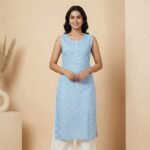 Light Blue Printed Rayon Kurti – Sleeveless Straight Fit Ethnic Wear - Image 3