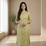 Pastel Olive Green Printed Straight Rayon Slub Kurti