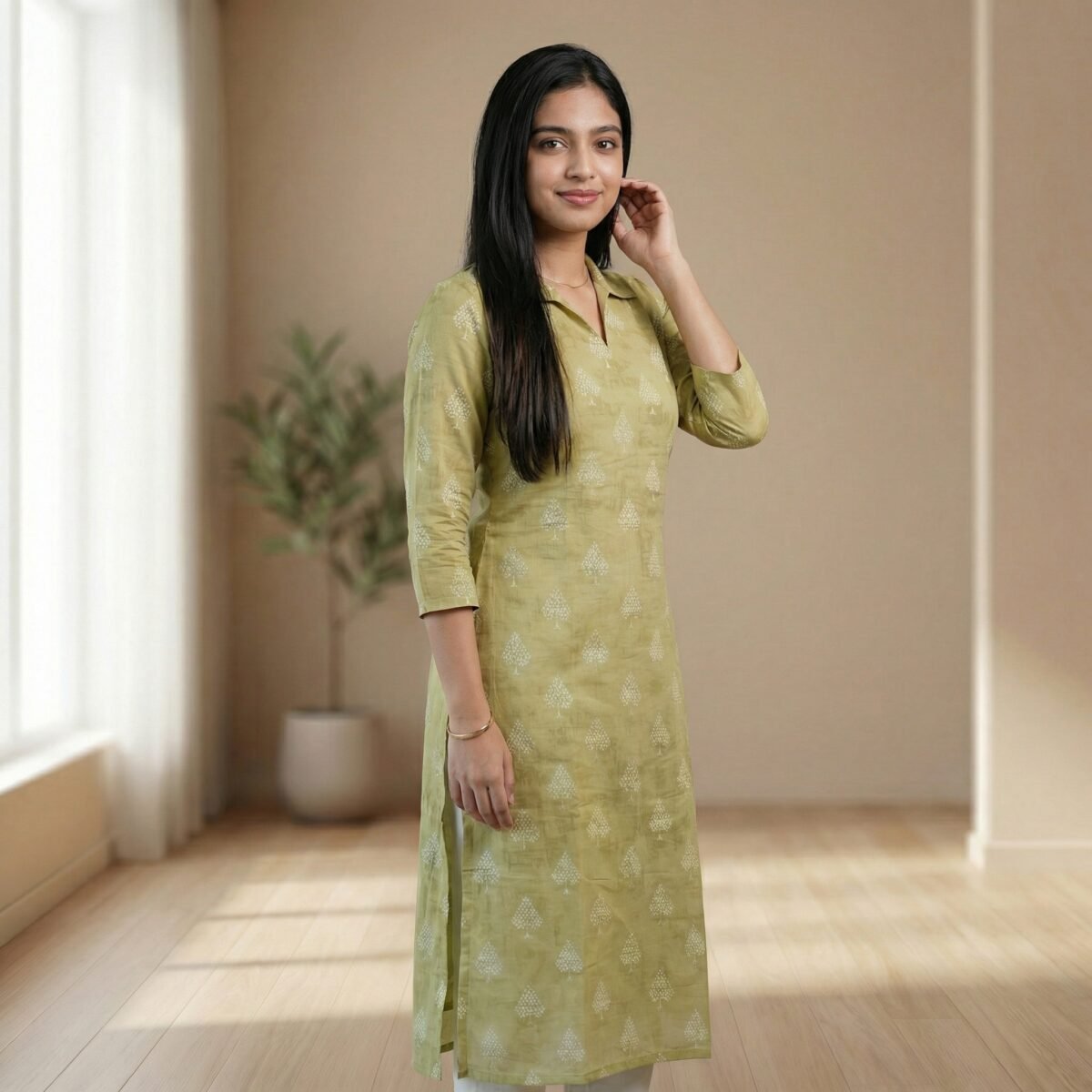 Pastel Olive Green Printed Straight Rayon Slub Kurti - Image 2