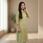 Pastel Olive Green Printed Straight Rayon Slub Kurti - Image 2