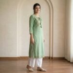 Women’s Sage Green Embroidered Kurta Palazzo Set - Image 2