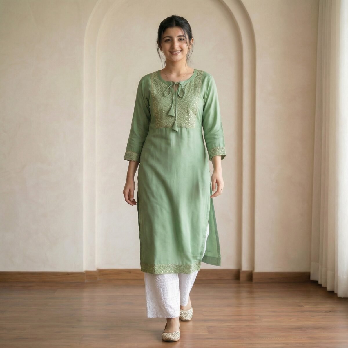 Women’s Sage Green Embroidered Kurta Palazzo Set - Image 4