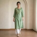 Women’s Sage Green Embroidered Kurta Palazzo Set - Image 4